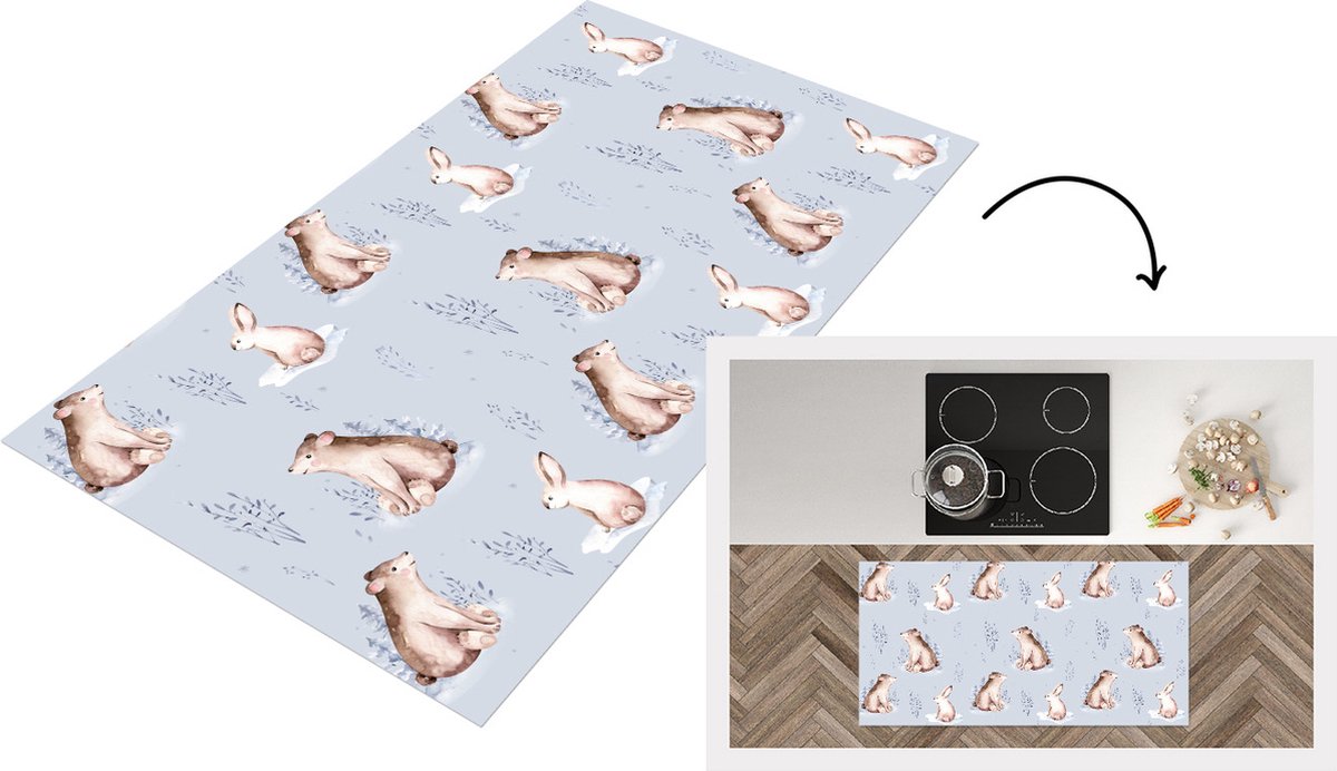 KitchenYeah Keukenloper - Loper keuken - Winter - Beer - Konijn - Patronen - 120x60 cm - Keukenloper vinyl Multicolor