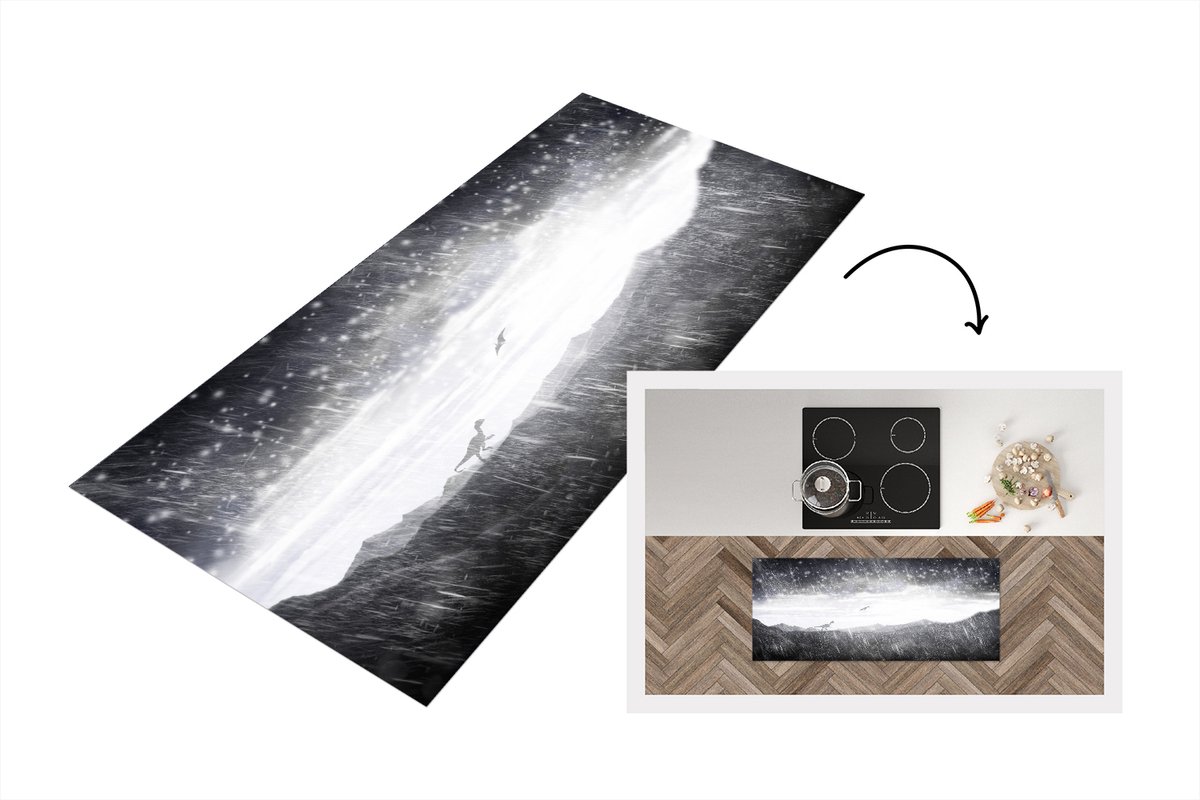 KitchenYeah Keukenloper - Loper keuken - Dinosaurus - Zwart - Wit - Regen - 120x50 cm - Keukenloper vinyl Multicolor