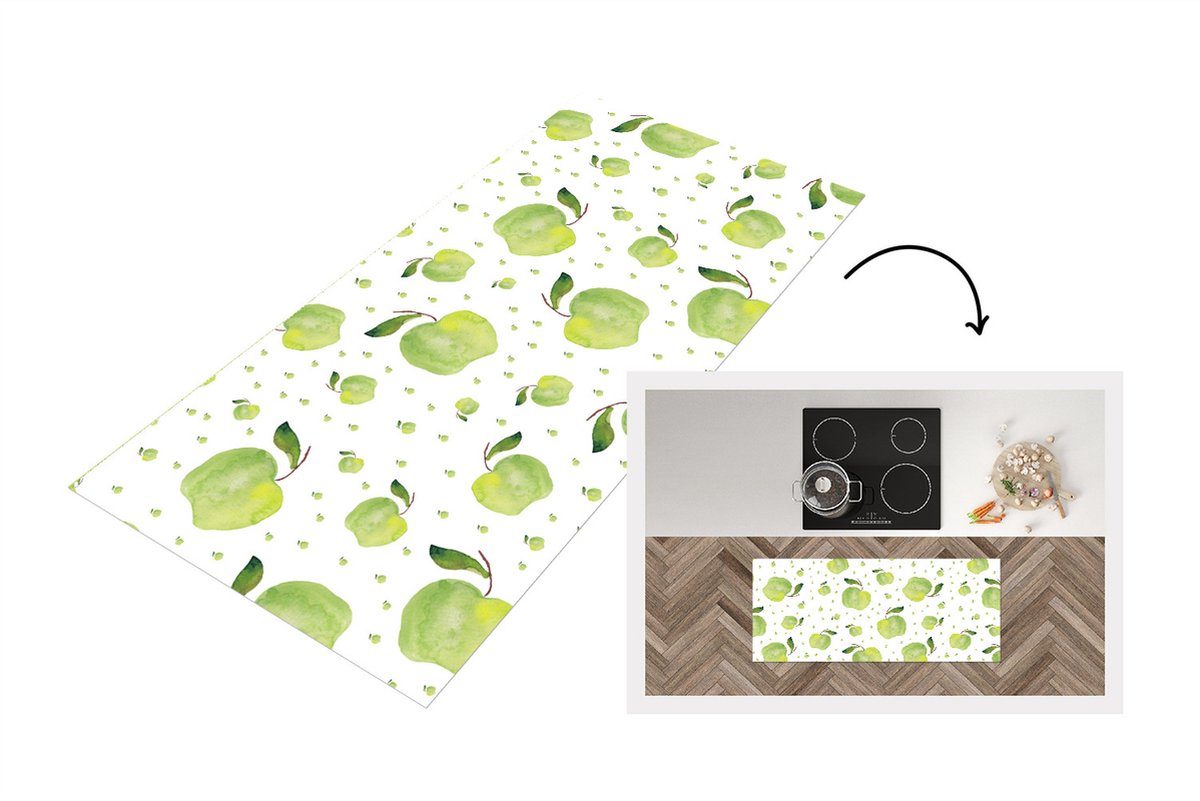 KitchenYeah Keukenloper - Loper keuken - Appels - Groen - Sjablonen - 120x50 cm - Keukenloper vinyl Multicolor