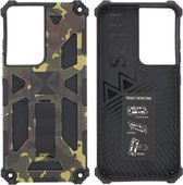 Hoesje Geschikt Voor Samsung Galaxy S21 Ultra Hoesje - Rugged Extreme Backcover Army Camouflage met Kickstand - Groen