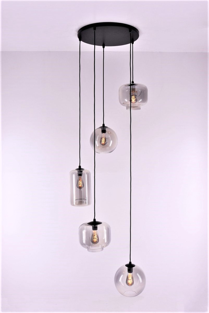 Videlamp Hanglamp EEF Grey getint glas - 340cm - 5xE27 - grijs glas - ø60cm