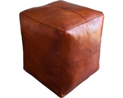 Leren poef (XL) - Cognac bruin - Vierkante poef - Handgemaakt - Gevuld geleverd - Poufs&Pillows