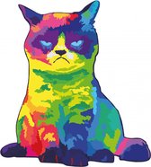 Crafts&Co Houten Legpuzzel - Unieke Puzzelstukjes in Diervormen - Voor Volwassenen en Oudere Kinderen - Incl. Handig Opbergzakje - Regenboog Grumpy Cat