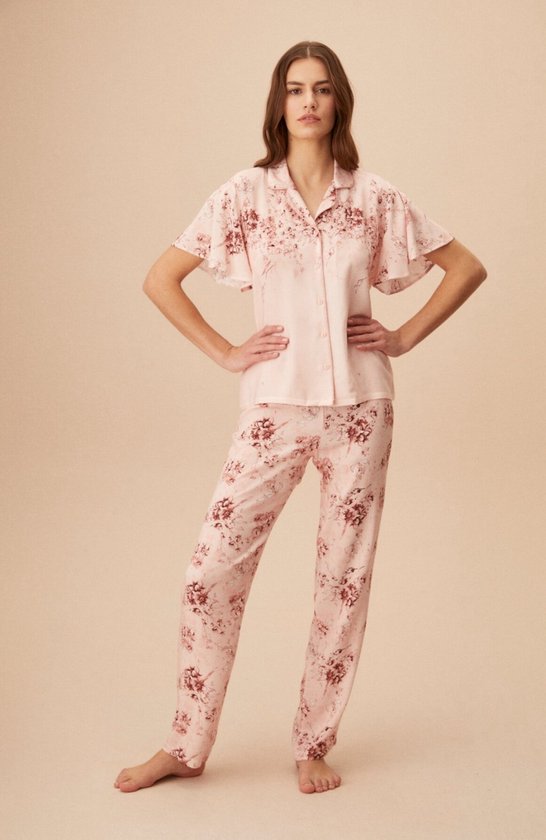 Suwen- Dames Pyjama Set -Homewear -Satijn -Korte Mouwen Oudroze Maat L