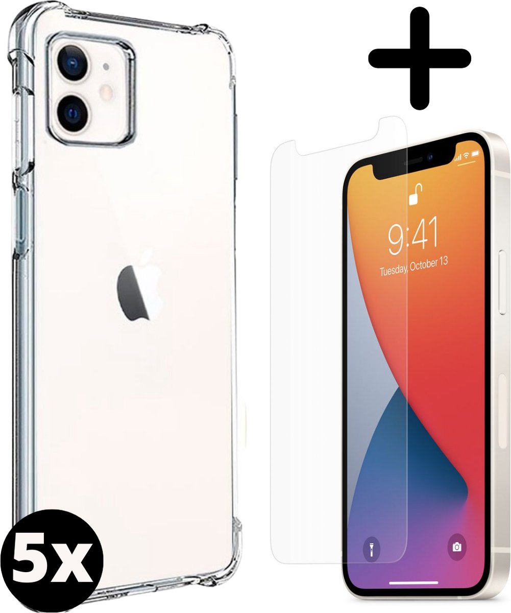 Fooniq Anti Shock Silicone Hoesje Transparant 5x + Screenprotector 5x - Geschikt Voor Apple iPhone 12 Mini