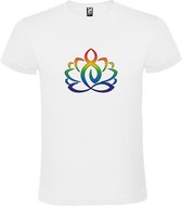 Wit T shirt met print van " Boeddha met Lotusbloem in meditatiehouding / Zen " print Multicolor size M