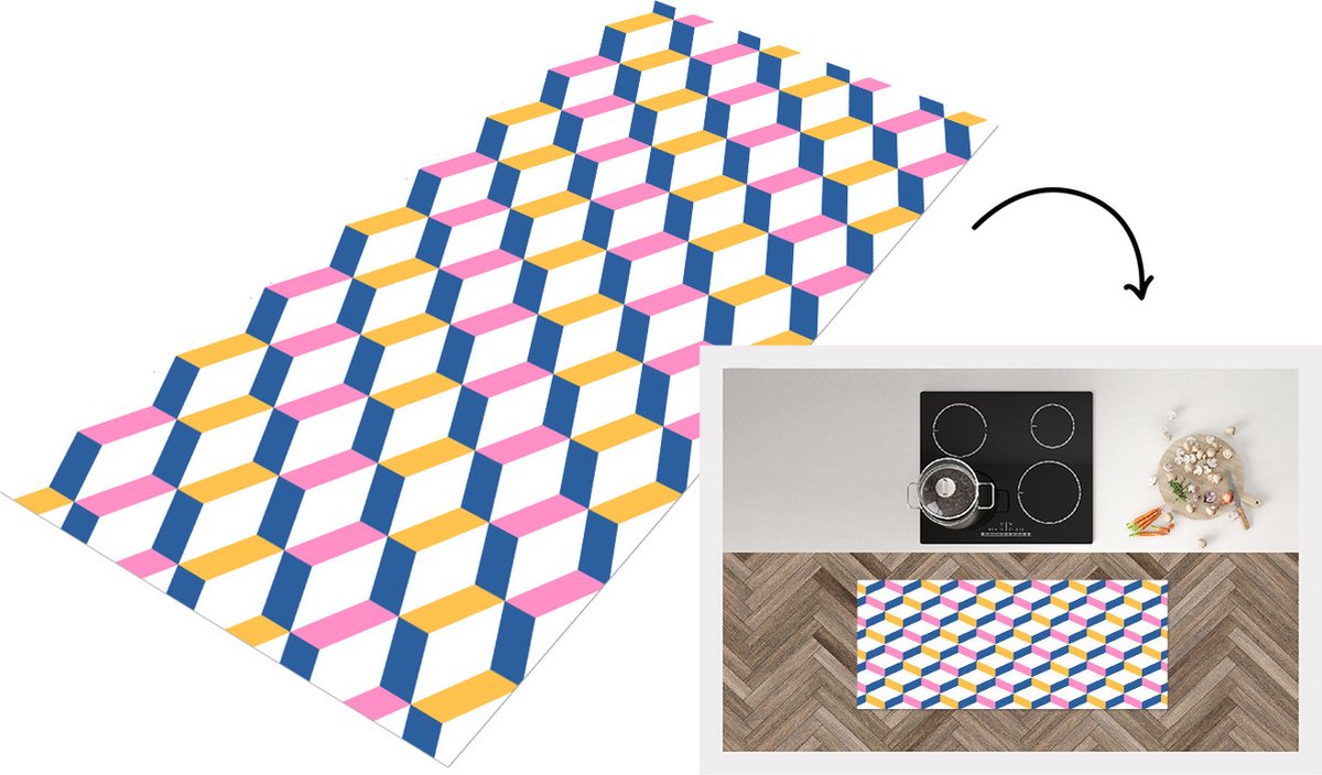 KitchenYeah Keukenloper - Loper keuken - Pastel - Blokken - Patronen - 120x50 cm - Keukenloper vinyl Multicolor