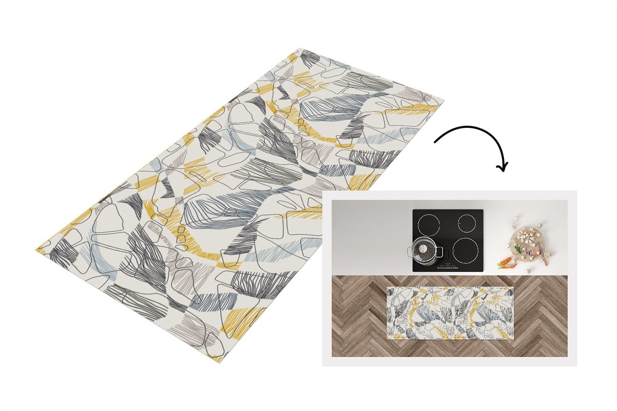 Keukenloper - Loper keuken - Line Art - Jungle - Patronen - Goud - 120x50 cm - Keukenloper