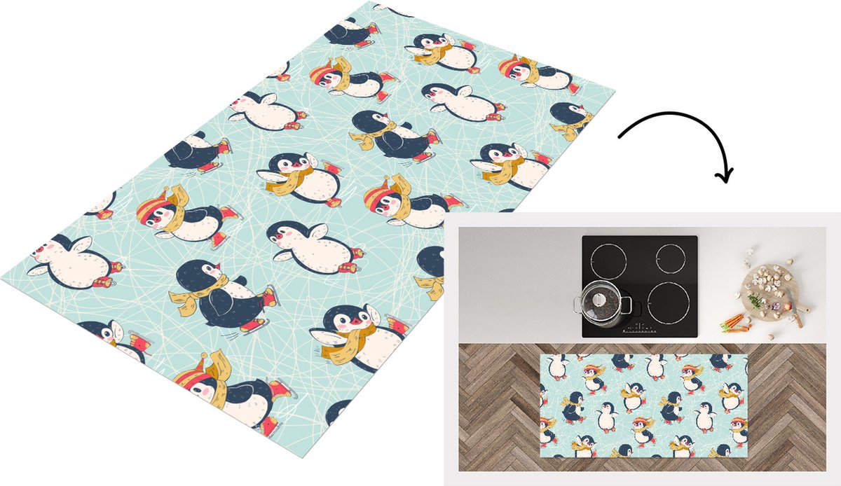 KitchenYeah Keukenloper - Loper keuken - Kinderen - Pinguïn - Schaatsen - Winter - Patronen - 120x60 cm - Keukenloper vinyl Multicolor
