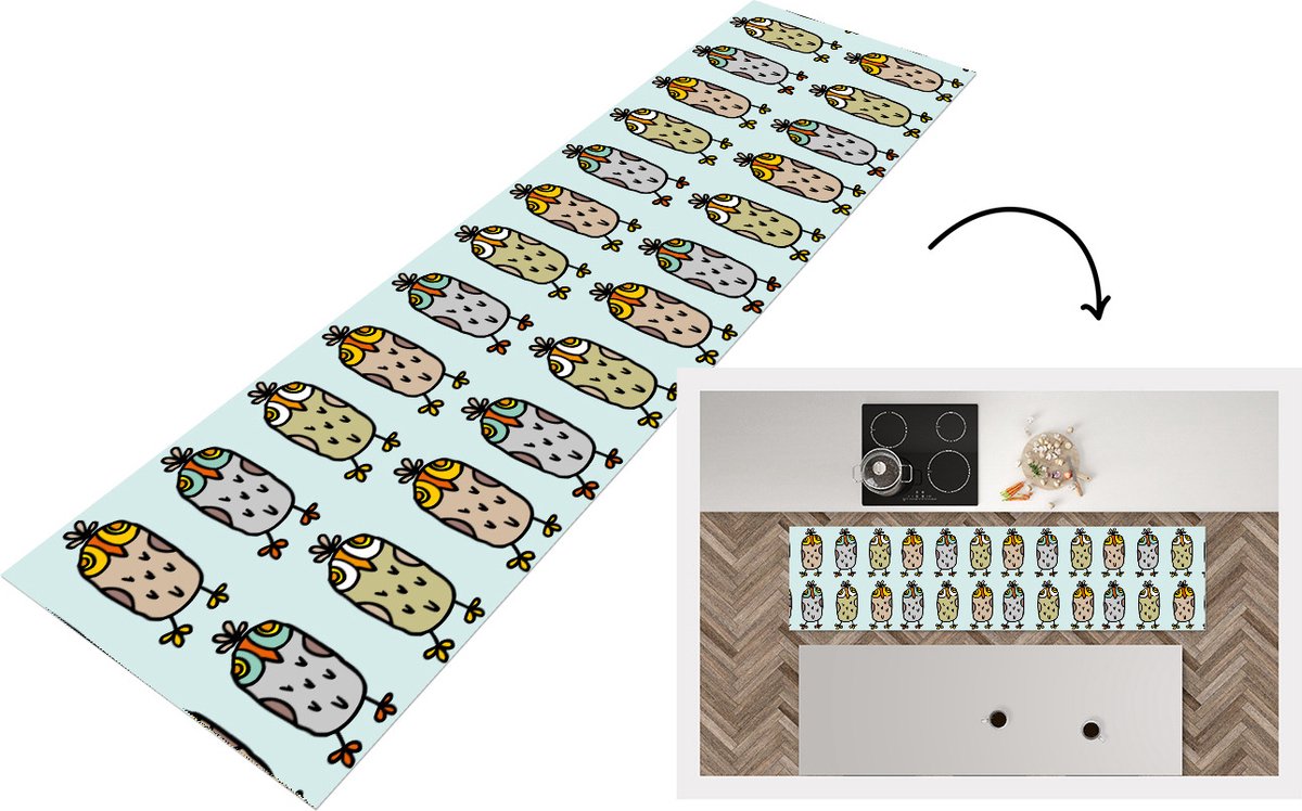 KitchenYeah Keukenloper - Loper keuken - Patronen - Uil - Blauw - 240x60 cm - Keukenloper vinyl Multicolor