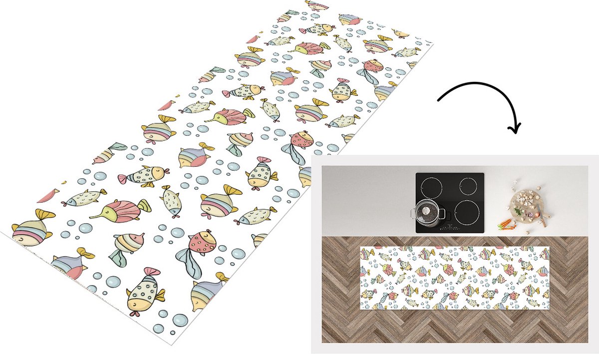 KitchenYeah Keukenloper - Loper keuken - Aquarium - Patronen - Vissen - Kinderen - Pastel - 150x50 cm - Keukenloper vinyl Multicolor