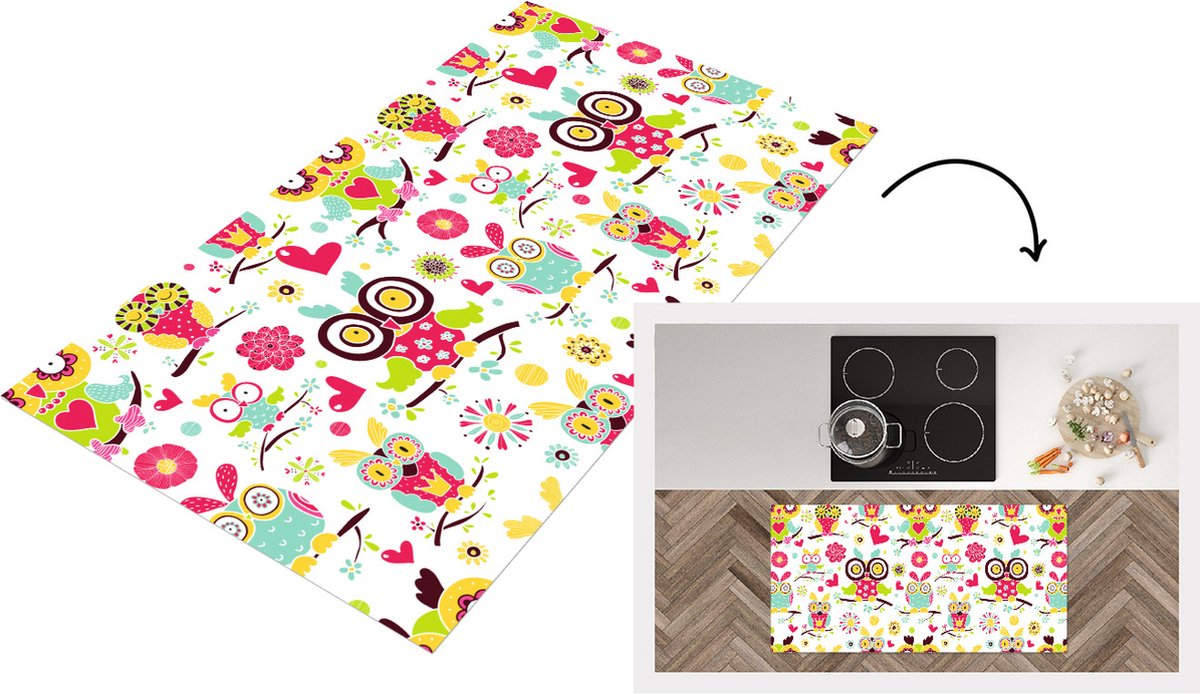 KitchenYeah Keukenloper - Loper keuken - Patronen - Uil - Dieren - 120x60 cm - Keukenloper vinyl Multicolor
