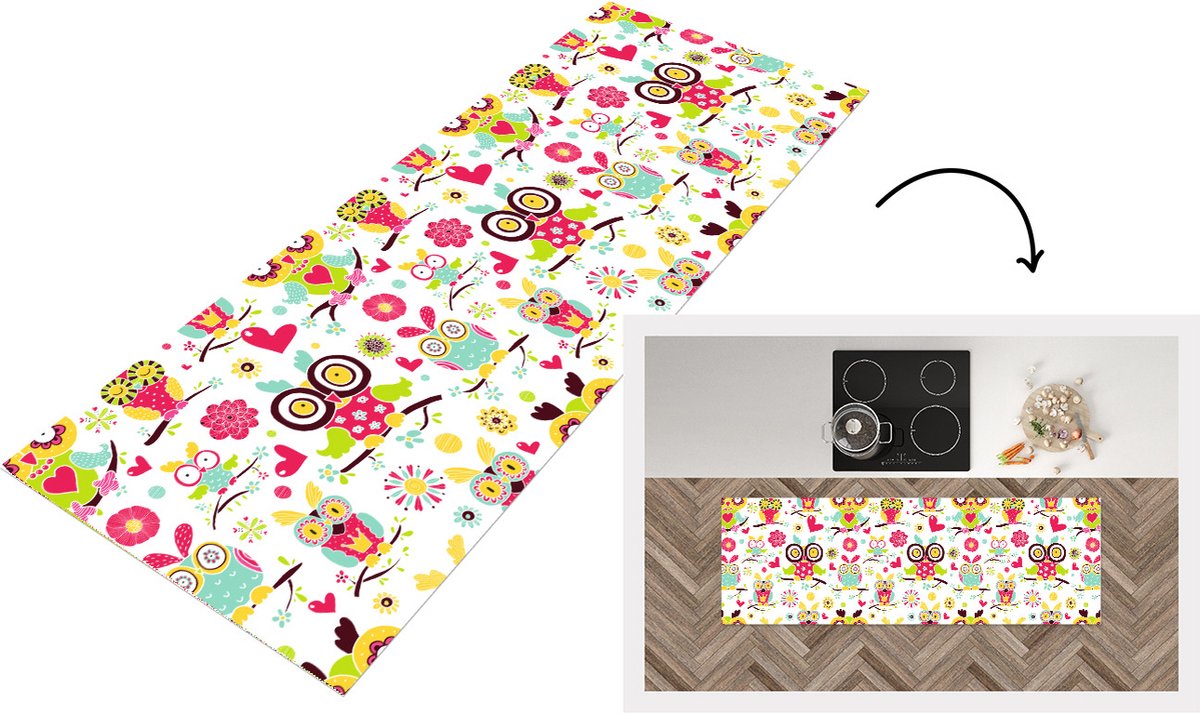 KitchenYeah Keukenloper - Loper keuken - Patronen - Uil - Dieren - 180x60 cm - Keukenloper vinyl Multicolor