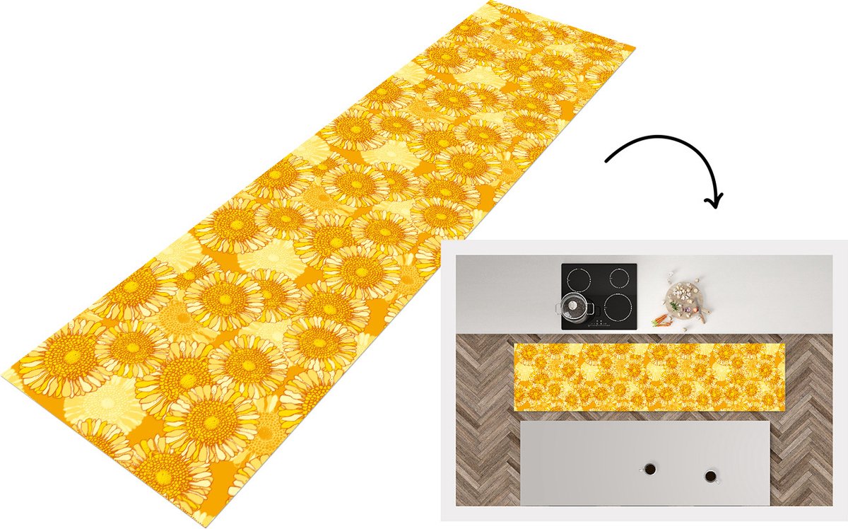 KitchenYeah Keukenloper - Loper keuken - Zonnebloem - Zomer - Patronen - Bloemen - 240x60 cm - Keukenloper vinyl Multicolor