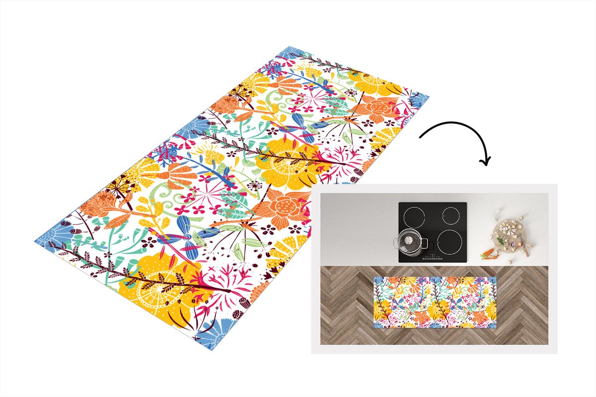 KitchenYeah Keukenloper - Loper keuken - Bloemen - Planten - Regenboog - Patronen - 120x50 cm - Keukenloper vinyl Multicolor
