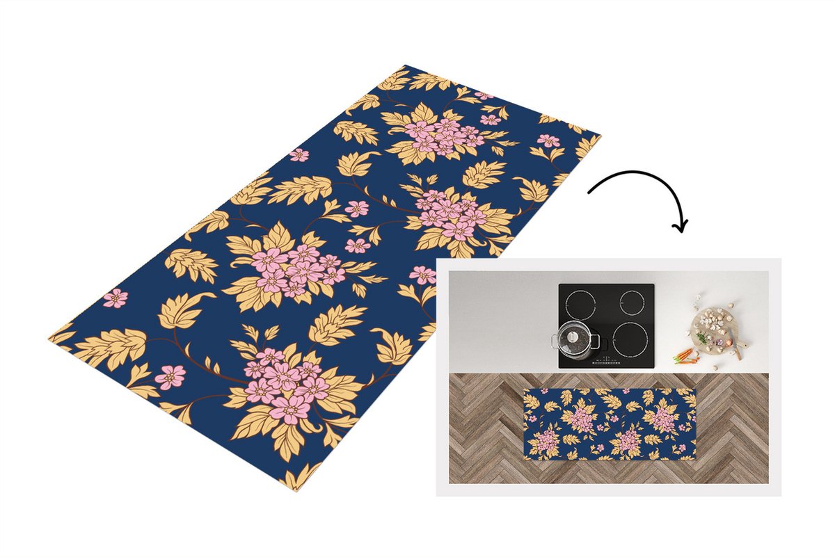 KitchenYeah Keukenloper - Loper keuken - Bloesem - Bladeren - Roze - Goud - Patronen - 120x50 cm - Keukenloper vinyl Multicolor