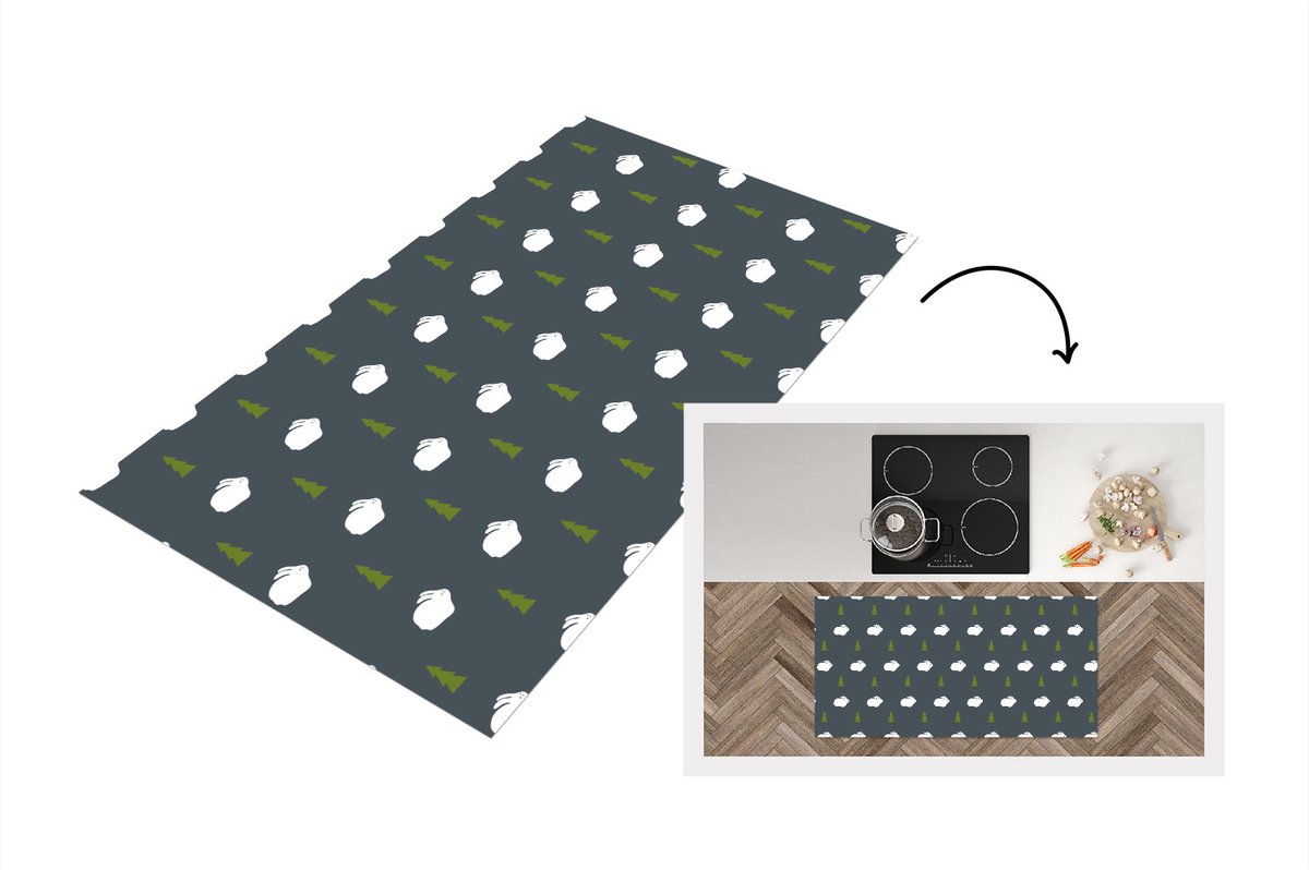 KitchenYeah Keukenloper - Loper keuken - Bomen - Konijn - Patroon - 120x60 cm - Keukenloper vinyl Multicolor