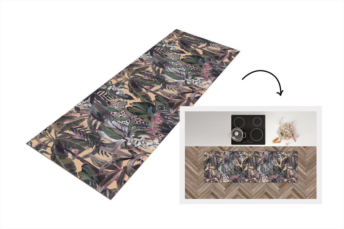 KitchenYeah Keukenloper - Loper keuken - Vintage - Jungle - Bladeren - Panter - Patronen - 150x50 cm - Keukenloper vinyl Multicolor