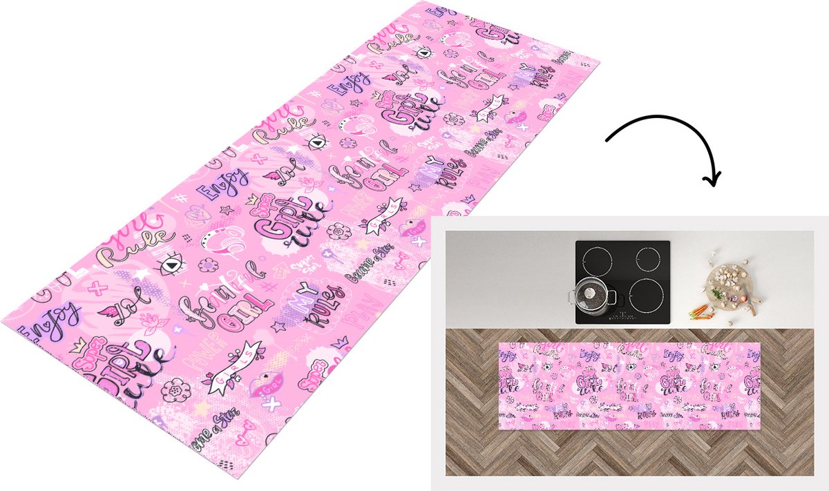 KitchenYeah Keukenloper - Loper keuken - Meisjes - Tiener - Roze - Quotes - Patronen - 180x60 cm - Keukenloper vinyl Multicolor