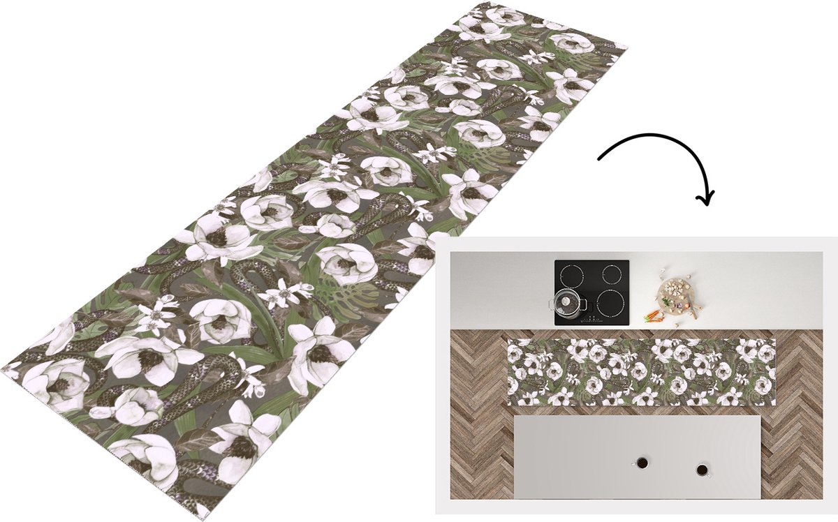KitchenYeah Keukenloper - Loper keuken - Bloemen - Jungle - Vintage - Patroon - 200x50 cm - Keukenloper vinyl Multicolor