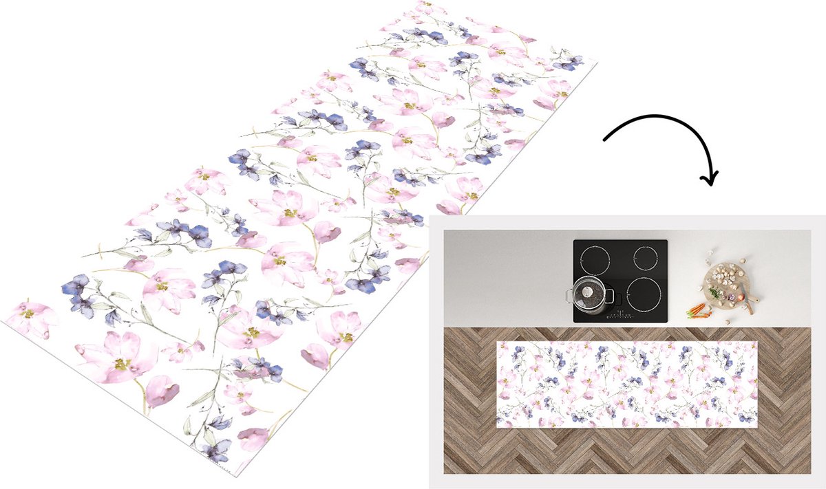 Keukenloper - Loper keuken - Bloemen - Waterverf - Bohemian - Patroon - 180x60 cm - Keukenloper vinyl