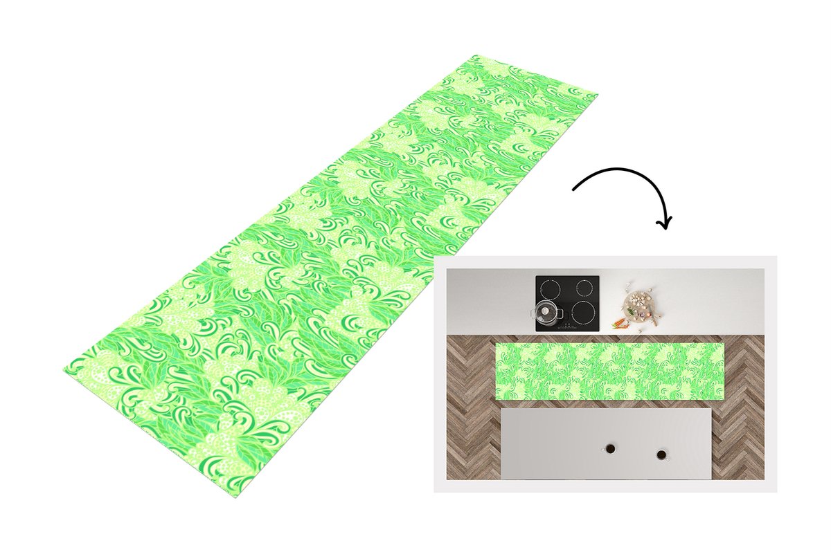 KitchenYeah Keukenloper - Loper keuken - Patronen - Abstract - Bladeren - Groen - 200x50 cm - Keukenloper vinyl Multicolor