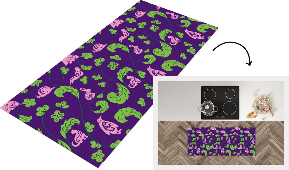 KitchenYeah Keukenloper - Loper keuken - Bladeren - Dieren - Patronen - 120x50 cm - Keukenloper vinyl Multicolor