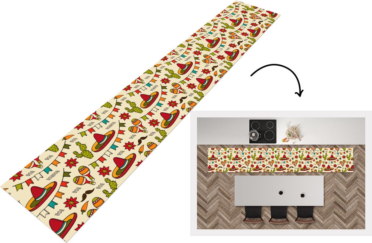 KitchenYeah Keukenloper - Loper keuken - Mexico - Cactus - Patronen - 300x50 cm - Keukenloper vinyl Multicolor
