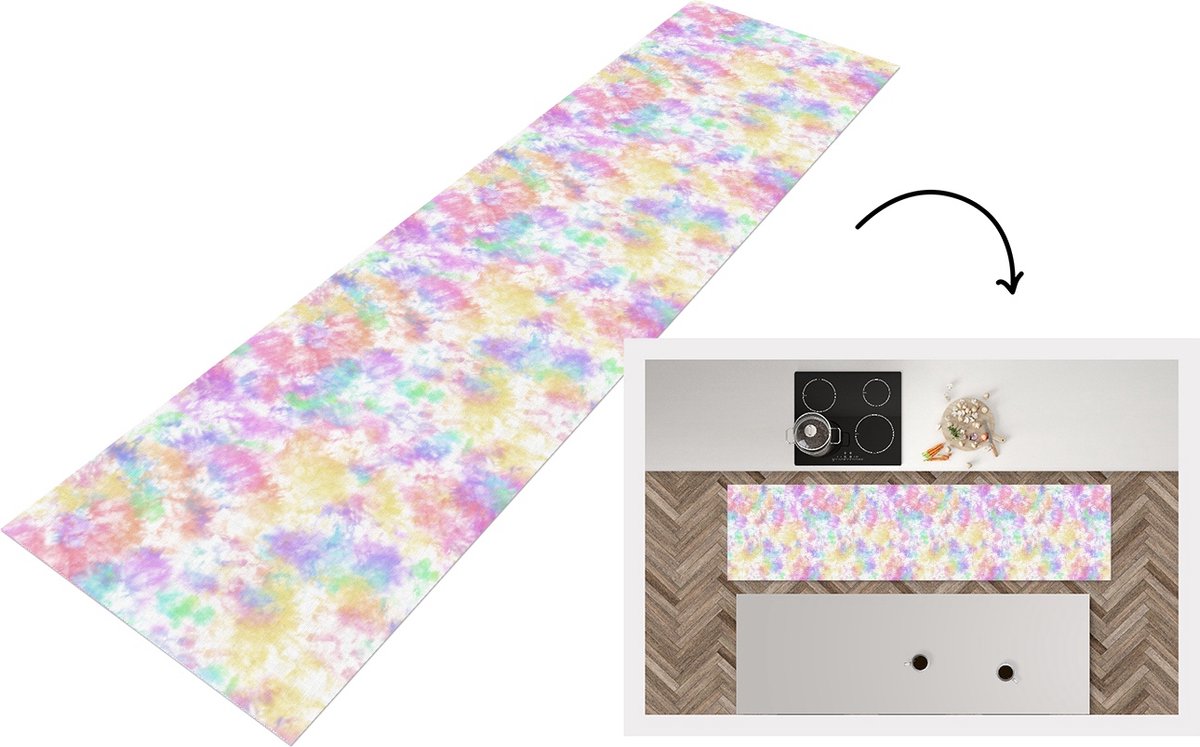 KitchenYeah Keukenloper - Loper keuken - Tie dye - Pastel - Regenboog - Verf - Patronen - 240x60 cm - Keukenloper vinyl Multicolor