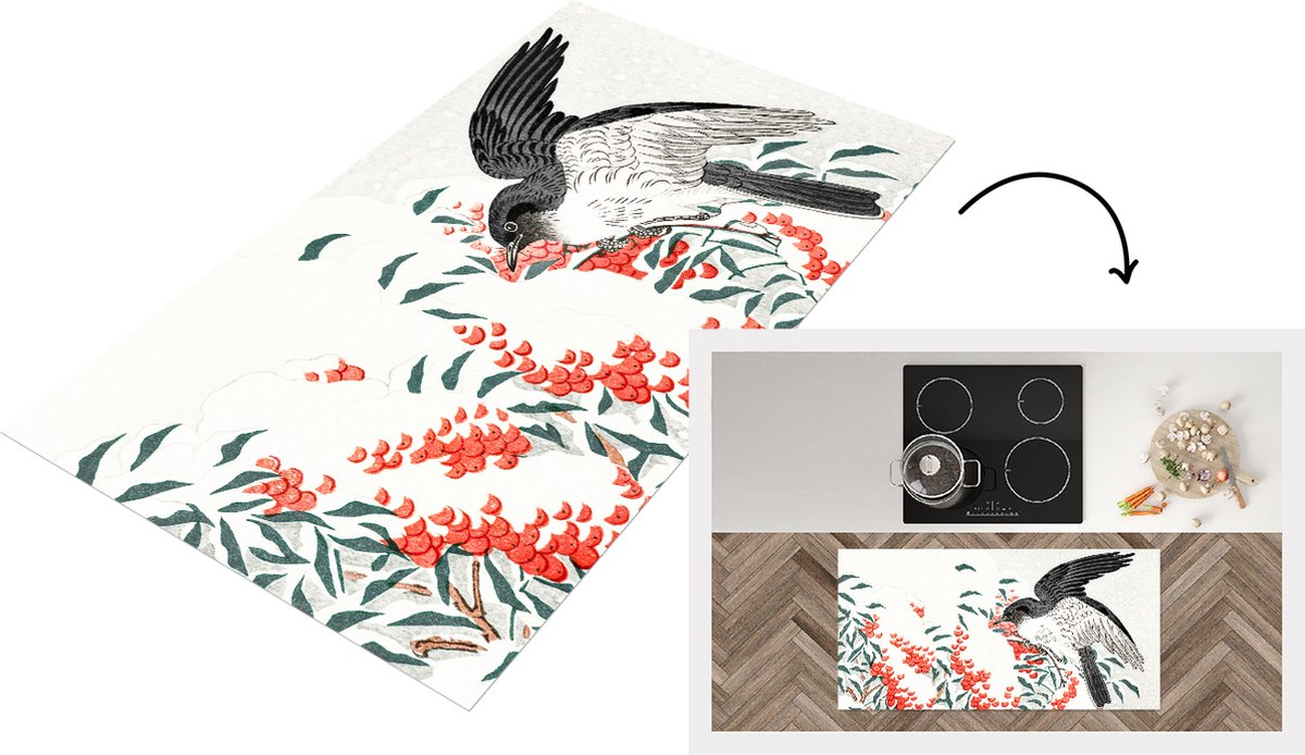 KitchenYeah Keukenloper - Loper keuken - Zwaluw - Vogel - Bes - Japandi - 120x60 cm - Keukenloper vinyl Multicolor