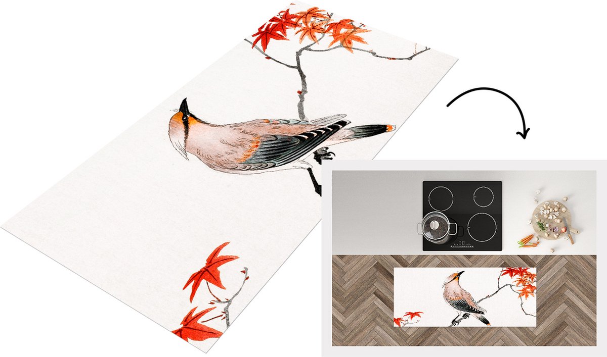 KitchenYeah Keukenloper - Loper keuken - Vogel - Japanse esdoorn - Vintage - 120x50 cm - Keukenloper vinyl Multicolor