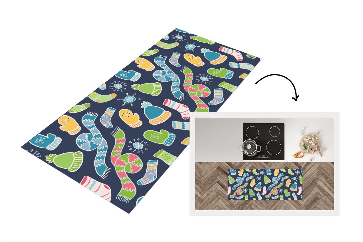 KitchenYeah Keukenloper - Loper keuken - Sjaal - Handschoenen - Muts - Regenboog - Winter - Patronen - 120x50 cm - Keukenloper vinyl Multicolor