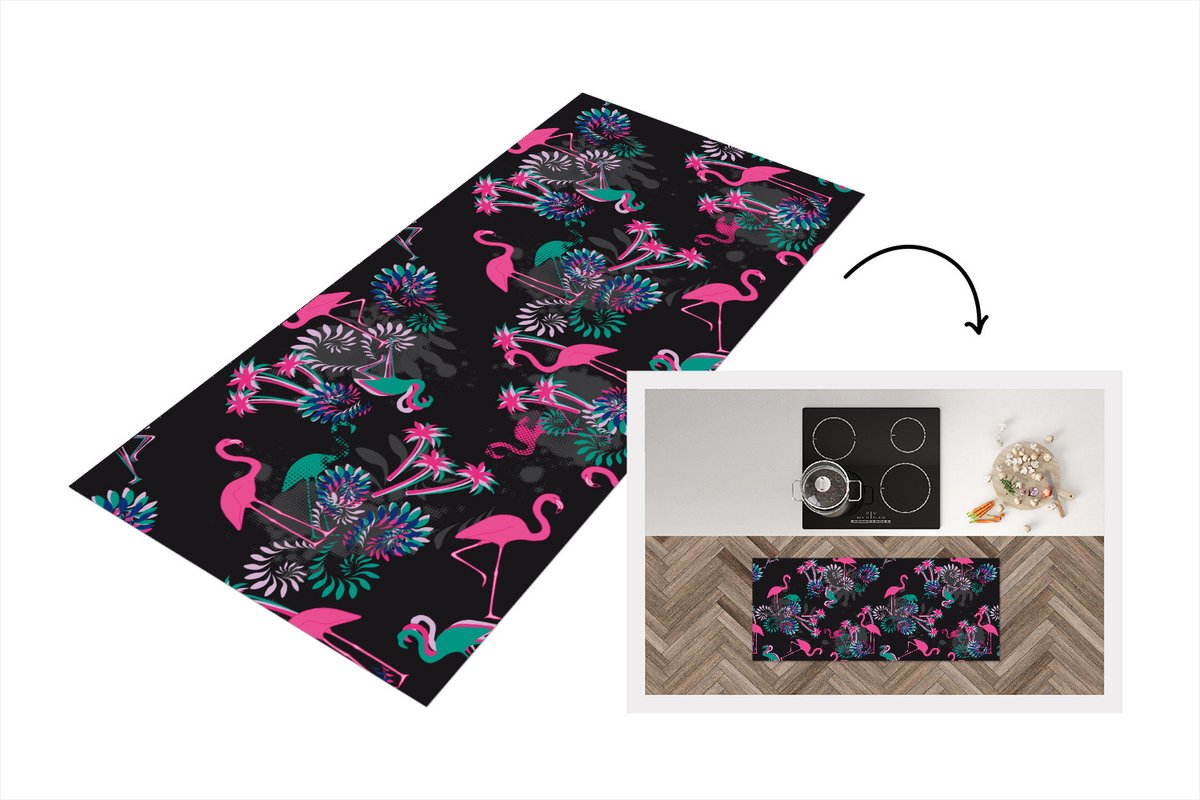 KitchenYeah Keukenloper - Loper keuken - Flamingo - Patroon - Roze - Jungle - 120x50 cm - Keukenloper vinyl Multicolor
