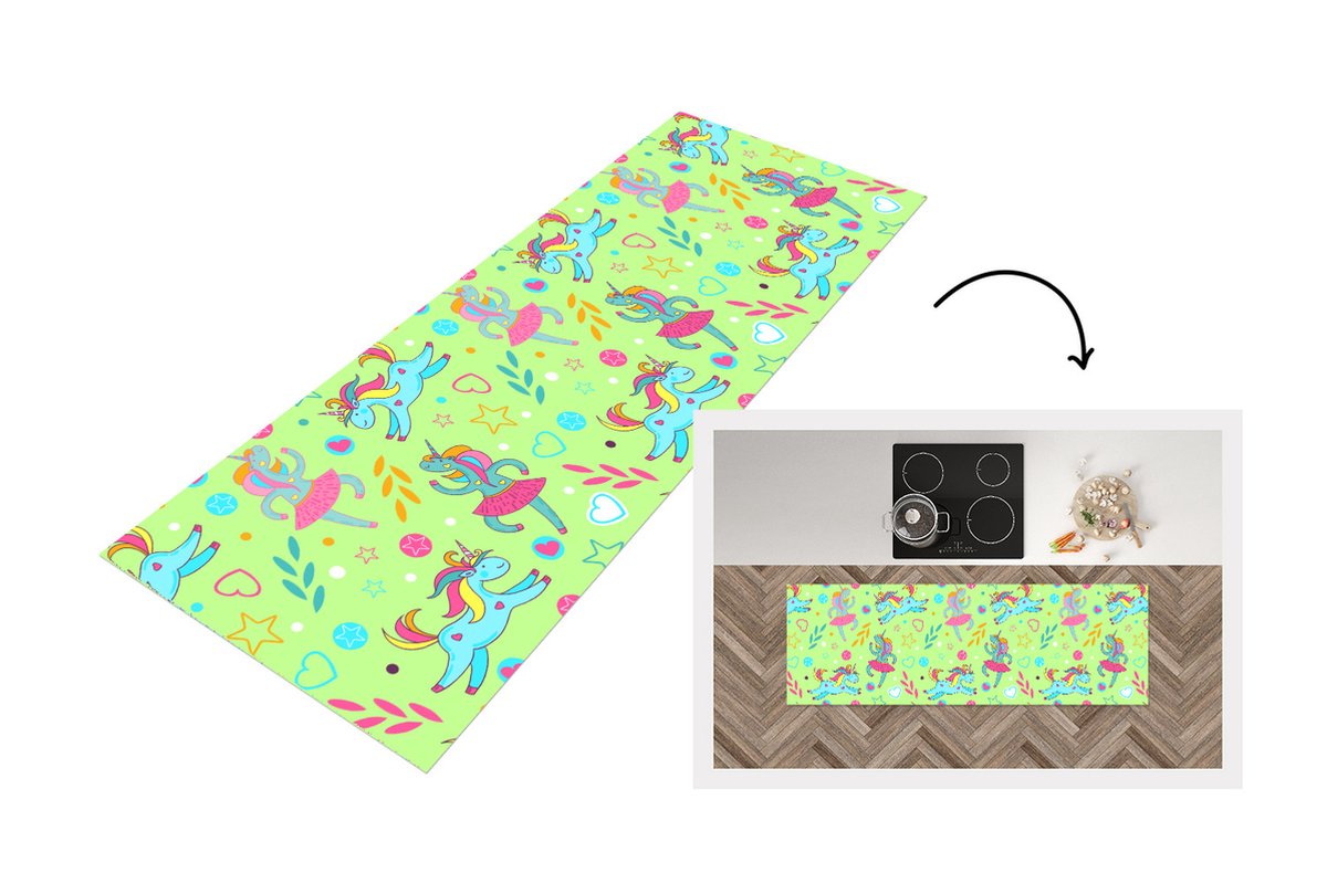 KitchenYeah Keukenloper - Loper keuken - Ballerina - Eenhoorn - Patronen - Regenboog - 150x50 cm - Keukenloper vinyl Multicolor