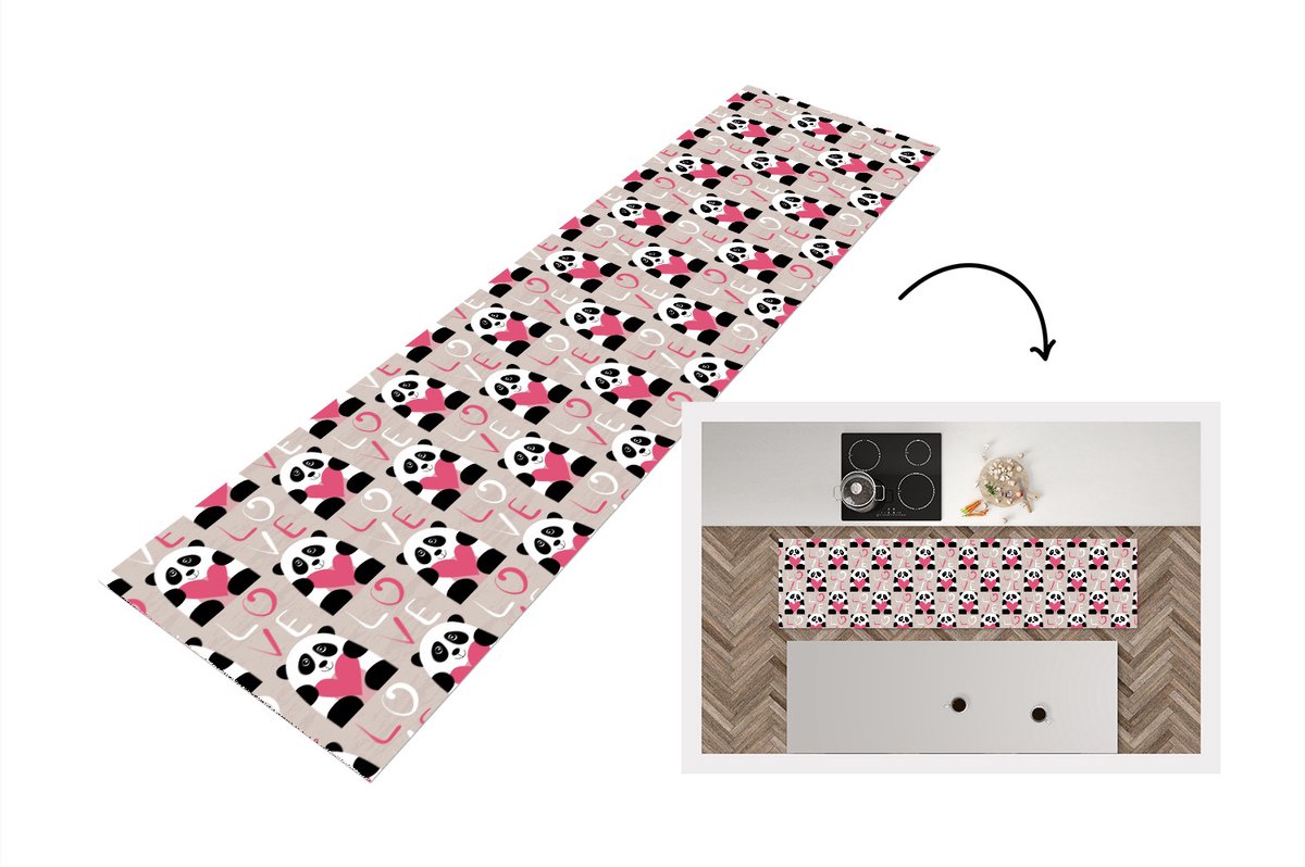 KitchenYeah Keukenloper - Loper keuken - Hartjes - Panda - Patronen - 200x50 cm - Keukenloper vinyl Multicolor