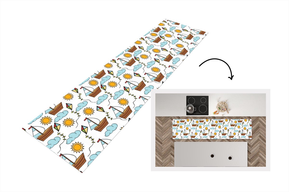KitchenYeah Keukenloper - Loper keuken - Vlieger - Zomer - Boot - Patroon - 200x50 cm - Keukenloper vinyl Multicolor