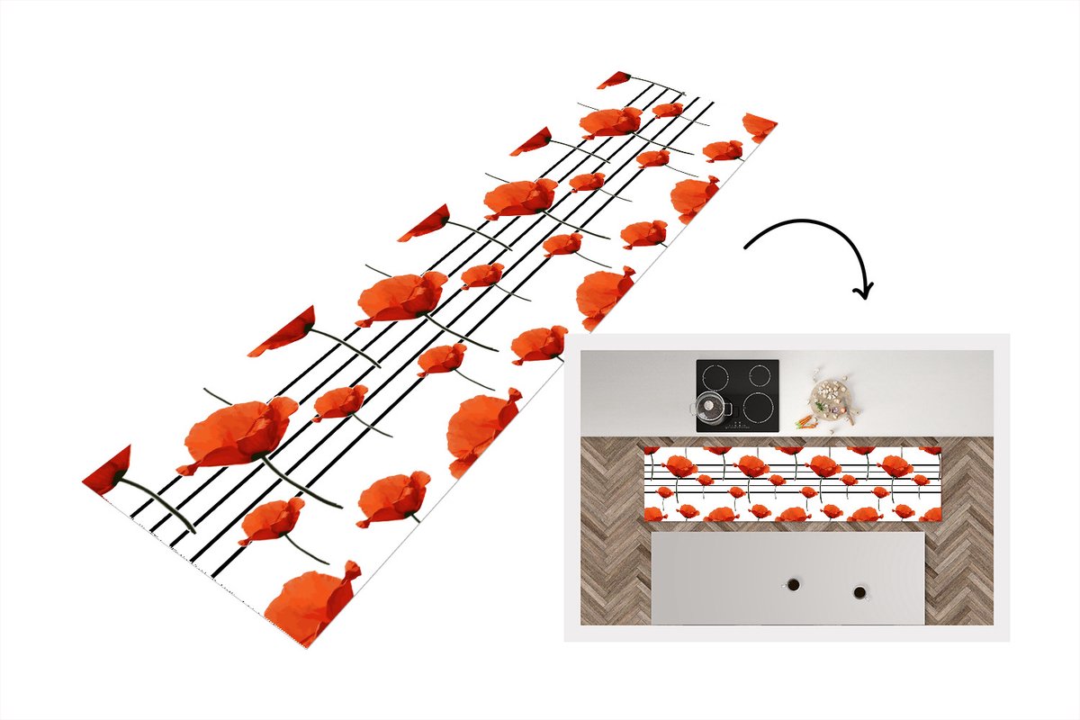 KitchenYeah Keukenloper - Loper keuken - Muziek - Notenbalk - Klaproos - 200x50 cm - Keukenloper vinyl Multicolor
