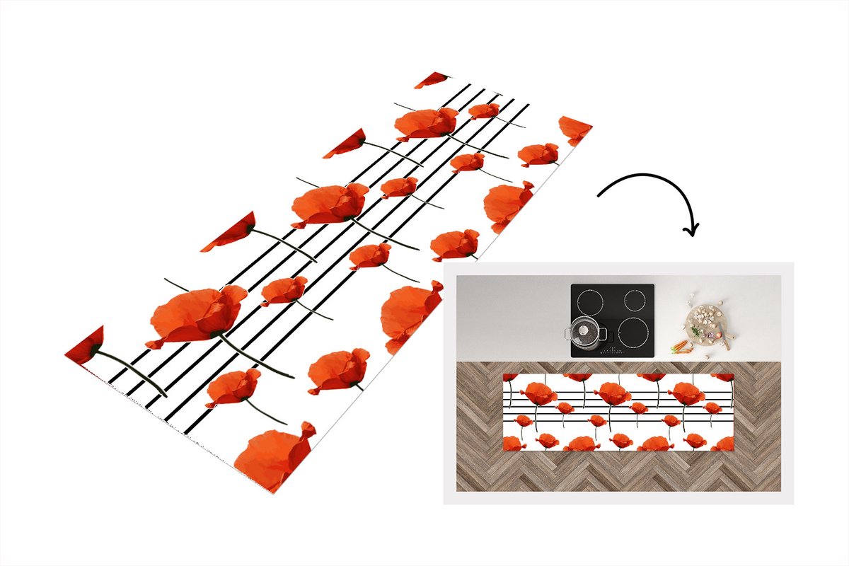 KitchenYeah Keukenloper - Loper keuken - Muziek - Notenbalk - Klaproos - 150x50 cm - Keukenloper vinyl Multicolor