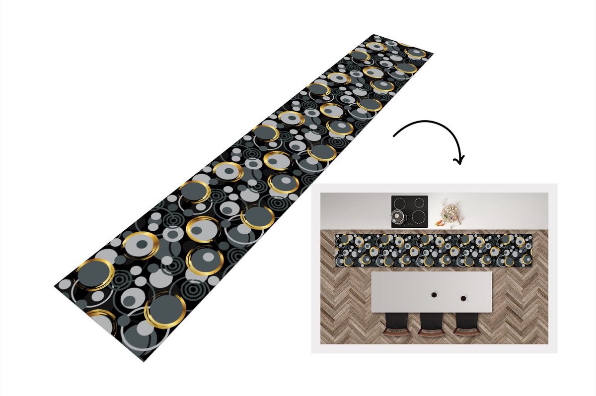 KitchenYeah Keukenloper - Loper keuken - Goud - Cirkel - Patronen - 300x50 cm - Keukenloper vinyl Multicolor