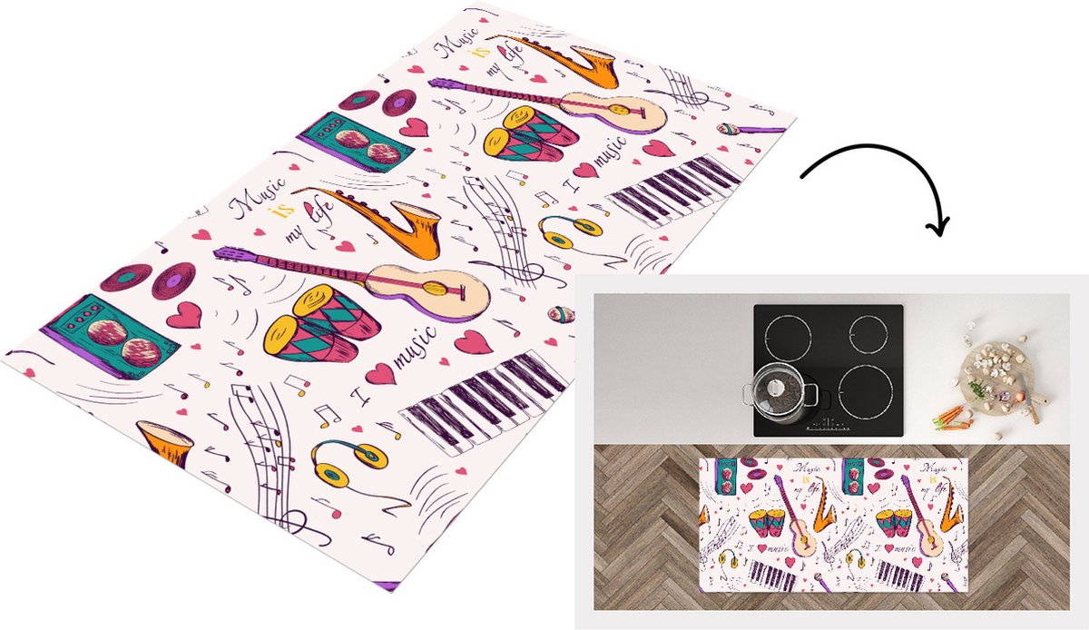 KitchenYeah Keukenloper - Loper keuken - Muziek - Instrumenten - Quotes - 120x60 cm - Keukenloper vinyl Multicolor