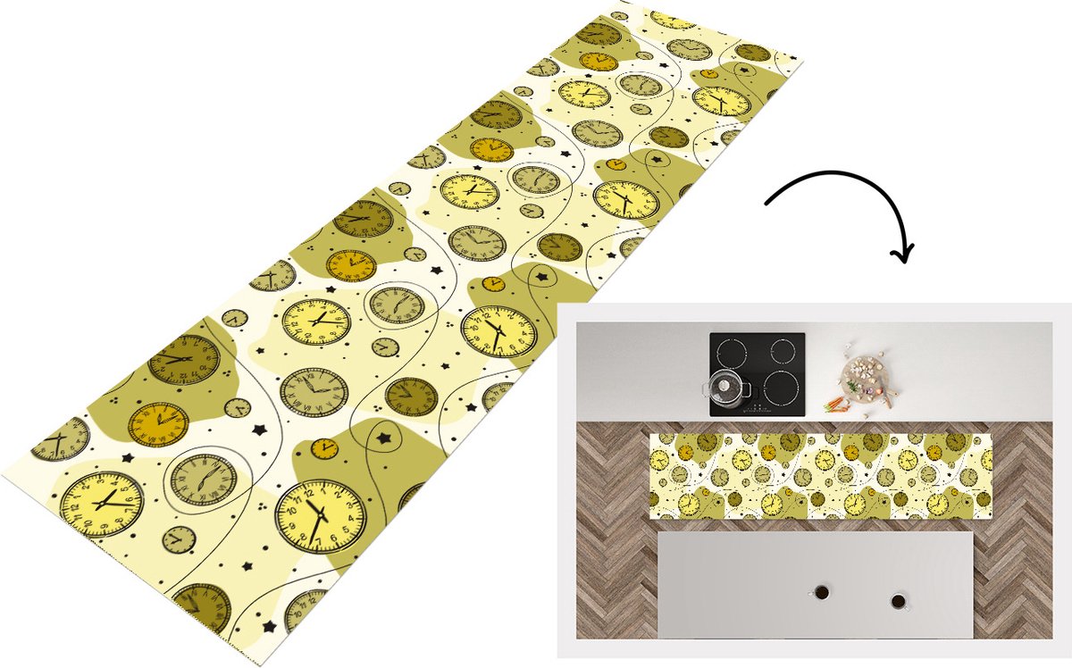 KitchenYeah Keukenloper - Loper keuken - Retro - Klok - Patronen - Stippen - 200x50 cm - Keukenloper vinyl Multicolor
