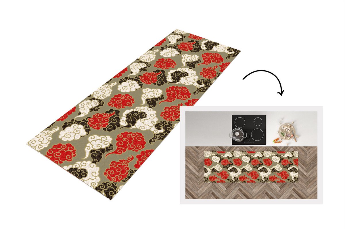 KitchenYeah Keukenloper - Loper keuken - Wolken - Azië - Patroon - Japan - 150x50 cm - Keukenloper vinyl Multicolor