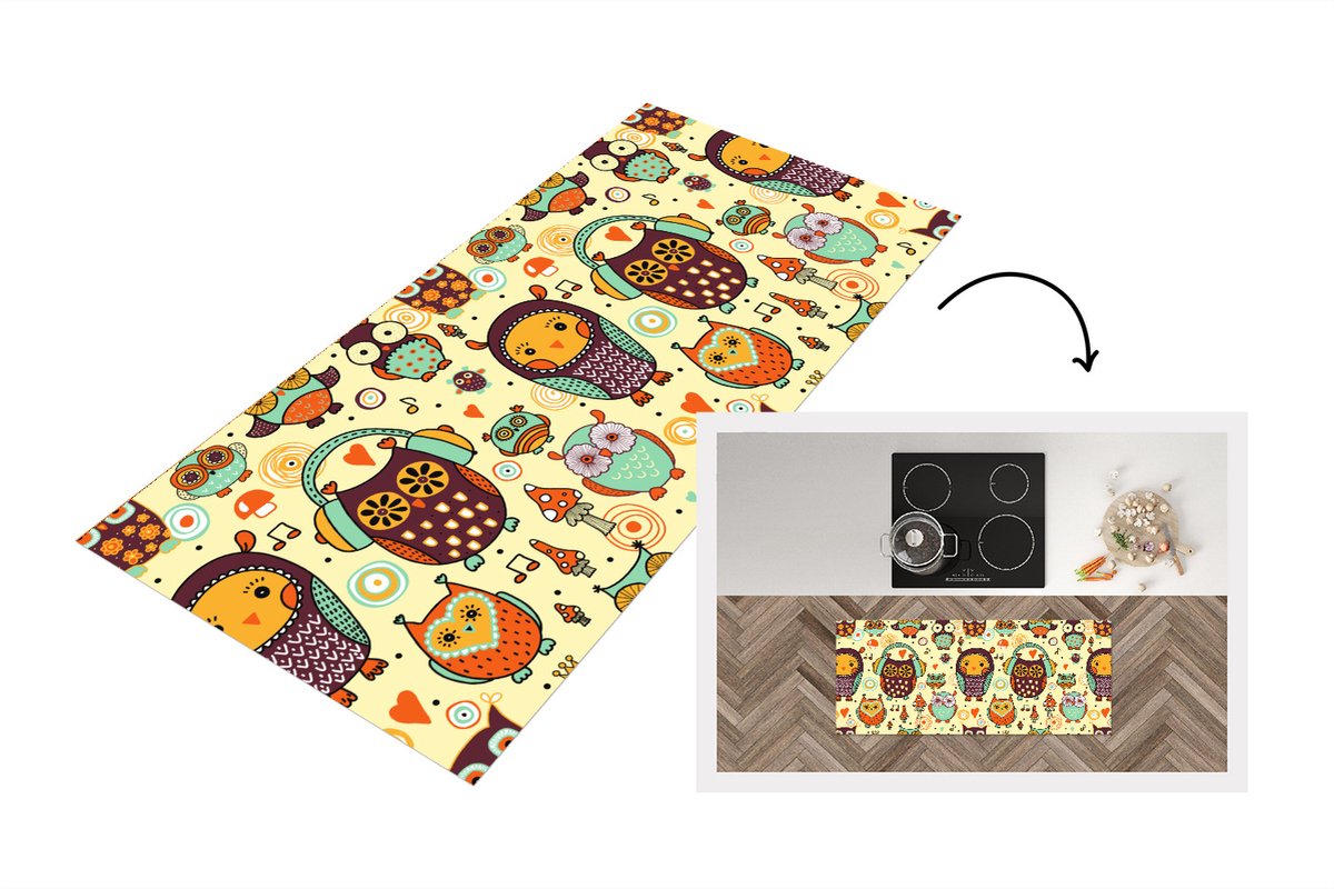 KitchenYeah Keukenloper - Loper keuken - Uil - Koptelefoon - Patroon - 120x50 cm - Keukenloper vinyl Multicolor