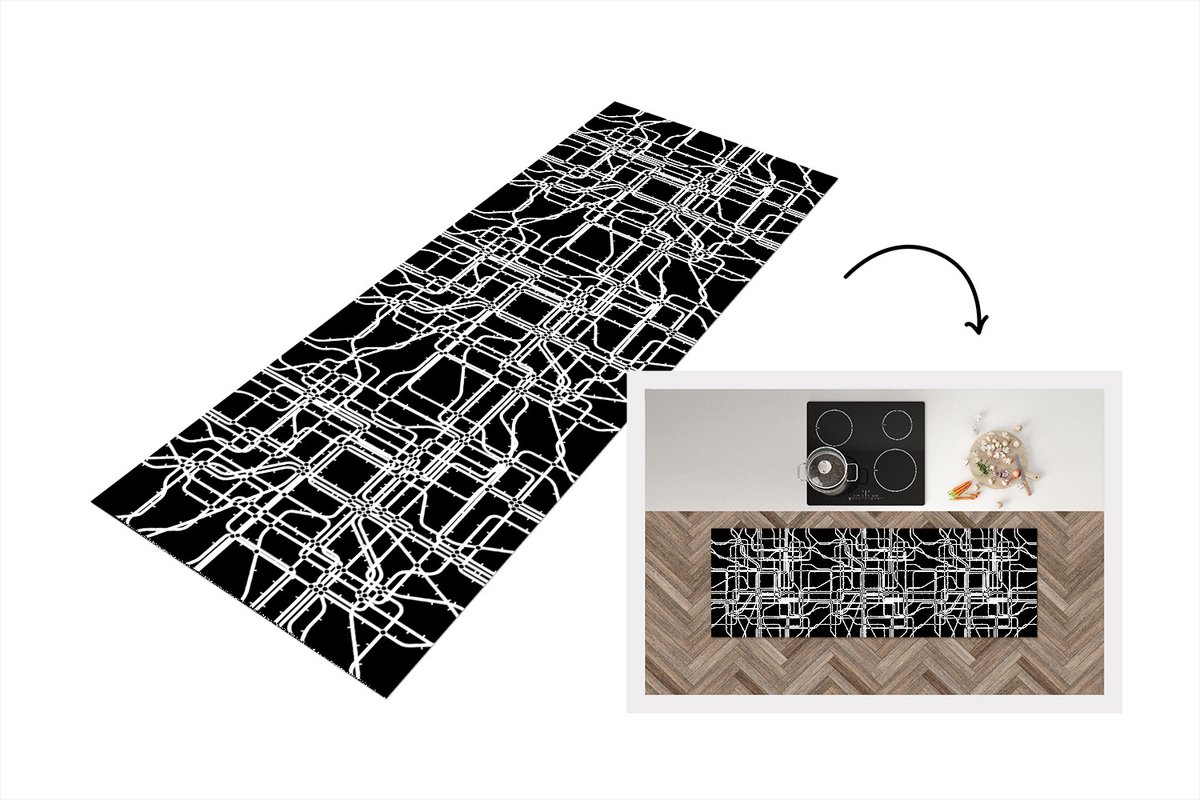KitchenYeah Keukenloper - Loper keuken - Netwerk - Patronen - Zwart Wit - Computer - 150x50 cm - Keukenloper vinyl Zwart; Wit
