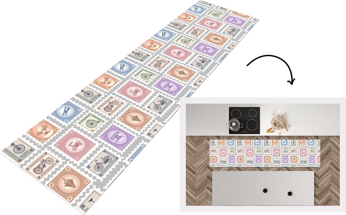 KitchenYeah Keukenloper - Loper keuken - Fiets - Postzegel - Patroon - Keukenloper vinyl multicolor, foto 4