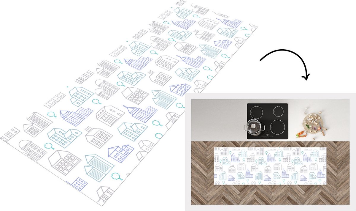 KitchenYeah Keukenloper - Loper keuken - Skyline - Patronen - Huis - 150x50 cm - Keukenloper vinyl Multicolor