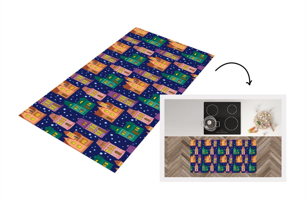 KitchenYeah Keukenloper - Loper keuken - Winter - Patroon - Huis - 120x60 cm - Keukenloper vinyl Multicolor