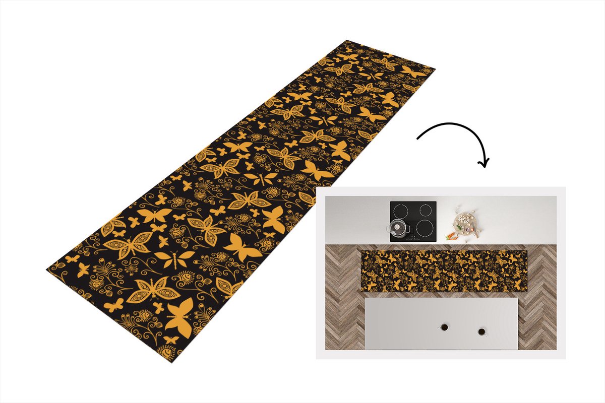 KitchenYeah Keukenloper - Loper keuken - Bloemen - Vlinder - Goud - Patroon - 200x50 cm - Keukenloper vinyl Multicolor