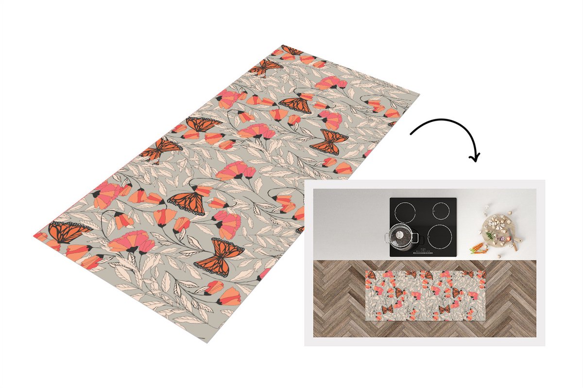 KitchenYeah Keukenloper - Loper keuken - Vlinders - Patronen - Bloemen - Dieren - 120x50 cm - Keukenloper vinyl Multicolor