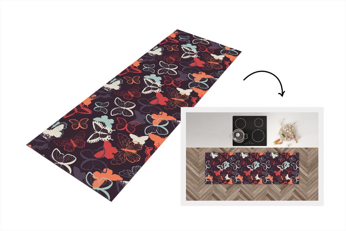 KitchenYeah Keukenloper - Loper keuken - Vlinders - Patronen - Abstract - 150x50 cm - Keukenloper vinyl Multicolor